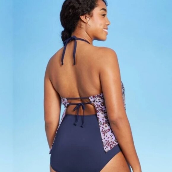 KONA SOL NAVY BLUE HALTER TIE BACK OUT FLORAL BANDANA SWIM TOP SIZE LARGE NWT - Picture 2 of 7